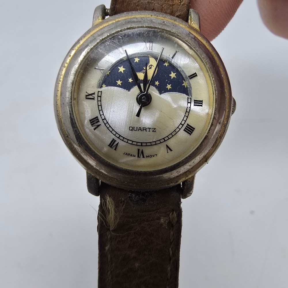 Vintage Moon Phase Celestial Quartz Watch Brown Leather Strap Roman Numerals - Picture 2 of 4